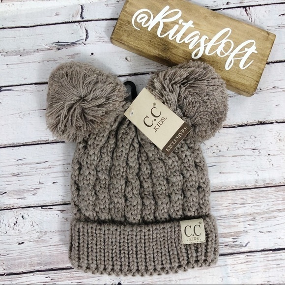 CC Beanie Kids Chunky Cable Knit Hat Double‎ Pom - Picture 1 of 2
